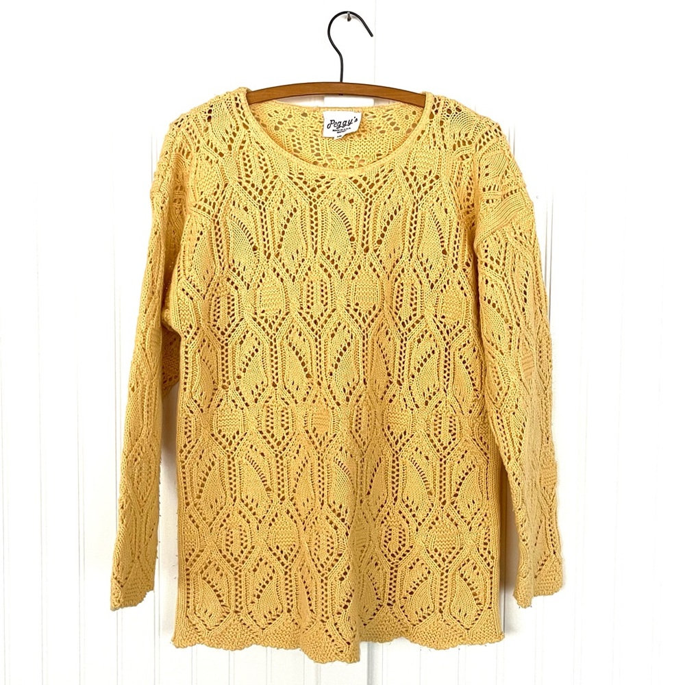 Vintage Cream Chunky Sweater Openwork Lace Knit Pointelle Holes Scalloped Hem LG